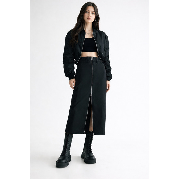 Zara Dresses & Skirts - Zara Zippered Nylon Midi Skirt Cargo Pocket Womens Size XS Black Grunge Gothic